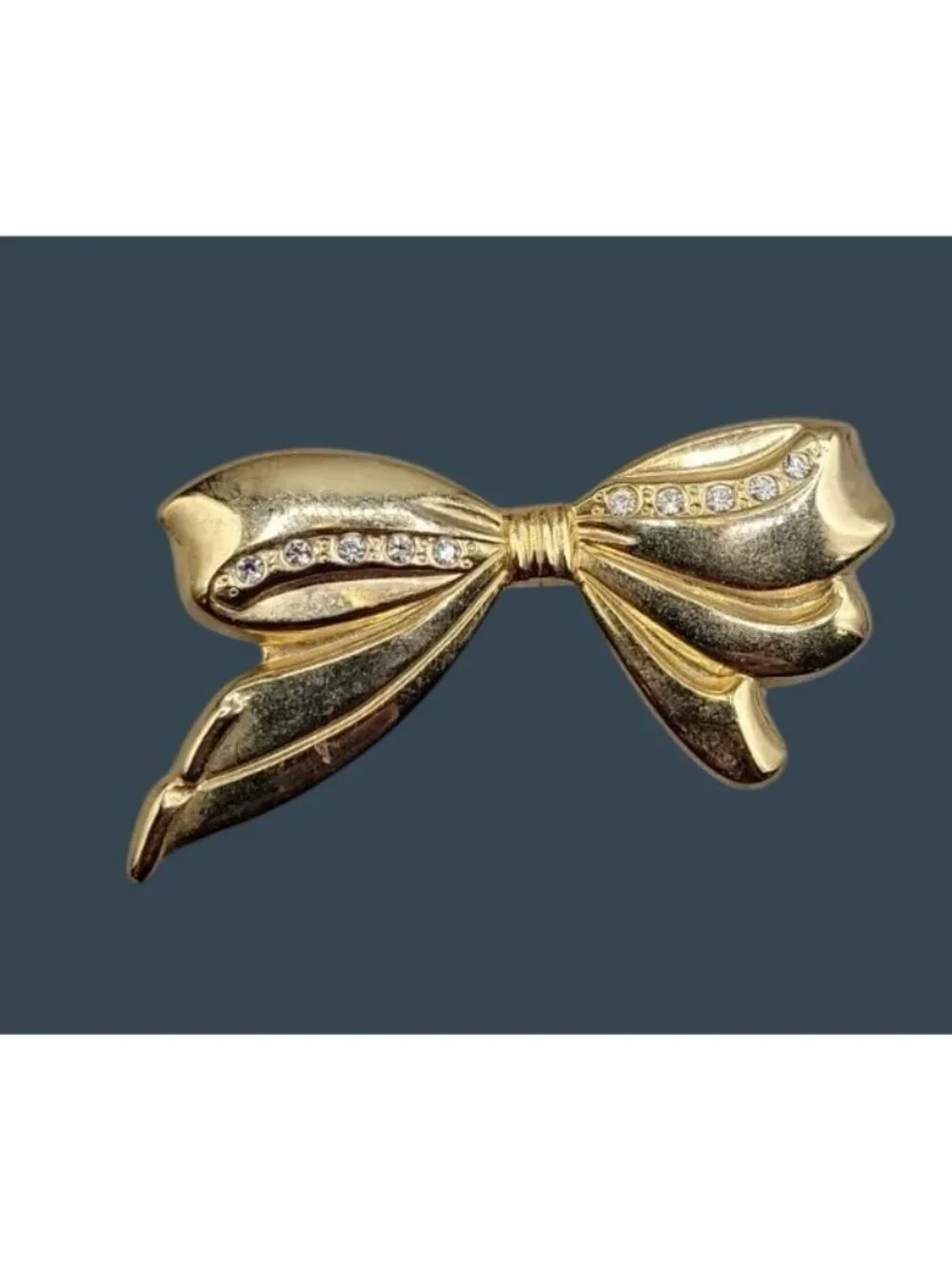 Vtg Rhinestone Stylized Bow Brooch Polished Gold Tone Retro Revival Tied Ribbon